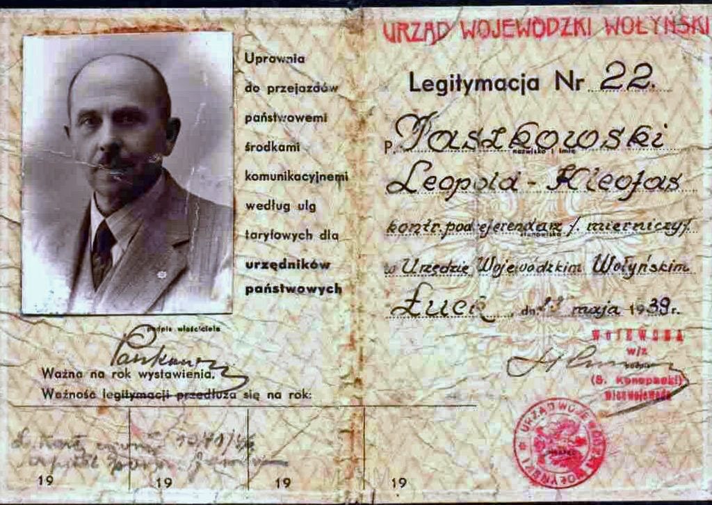 KKE 5933.jpg - Dok. Legitymacja Leopolda Kleofasa Paszkowskiego z Urzędu Wojewódzkiego w Łucku, Łuck, 23 V 1939 r.